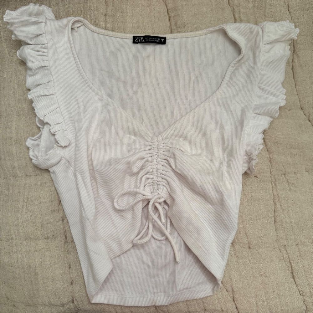 ZARA White Ruffled Ruched Crop Tank Top - Picture 2 of 5